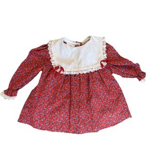 KLL girls 12 mos red pinafore collar‎ dress long sleeve Vintage 1970s floral